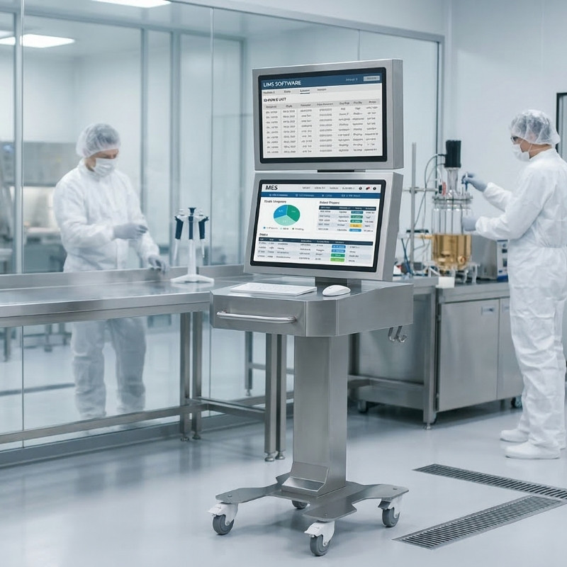 Two scientists in white protective suits working in a cleanroom lab with a mobile stainless steel workstation displaying LIMS and MES software screens.