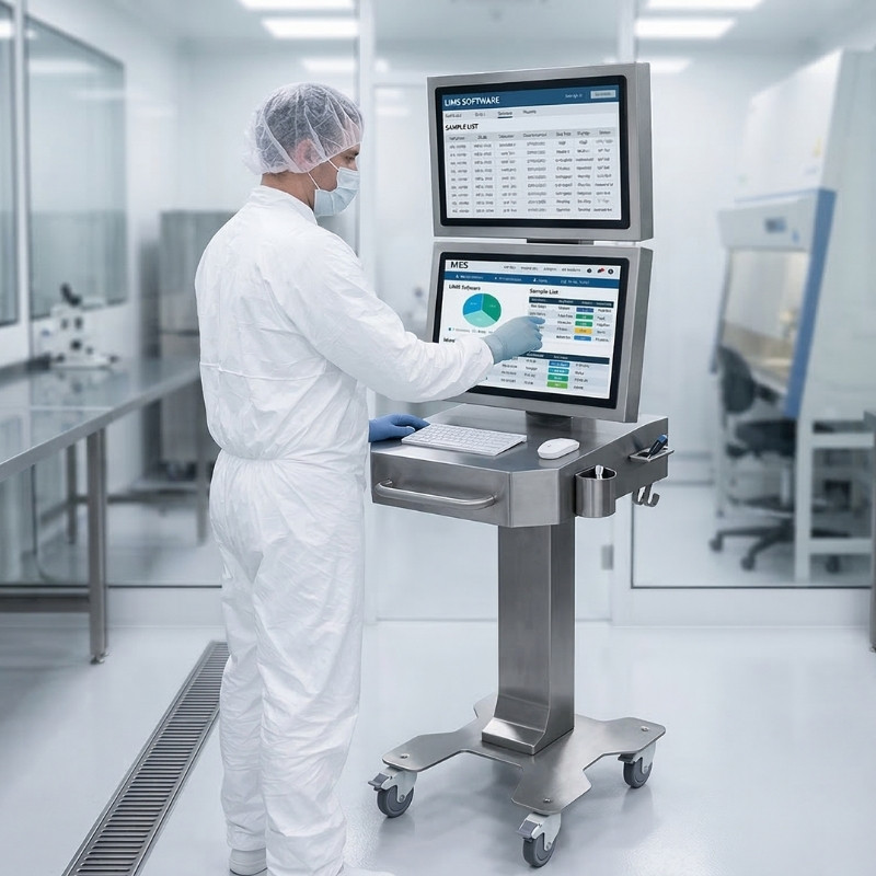 Laboratory technician in protective gear interacting with medical software displayed on dual monitors on a mobile stainless steel workstation in a clean lab.