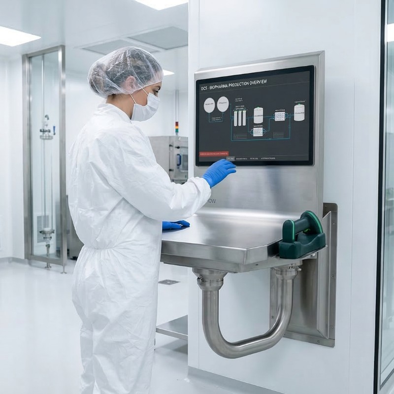Laboratory technician in protective gear interacting with a digital biopharma production overview screen.