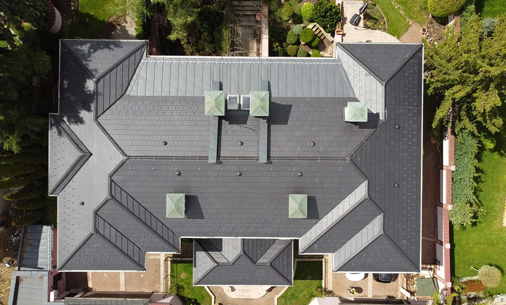 Top view of grey roof made with sheet metal