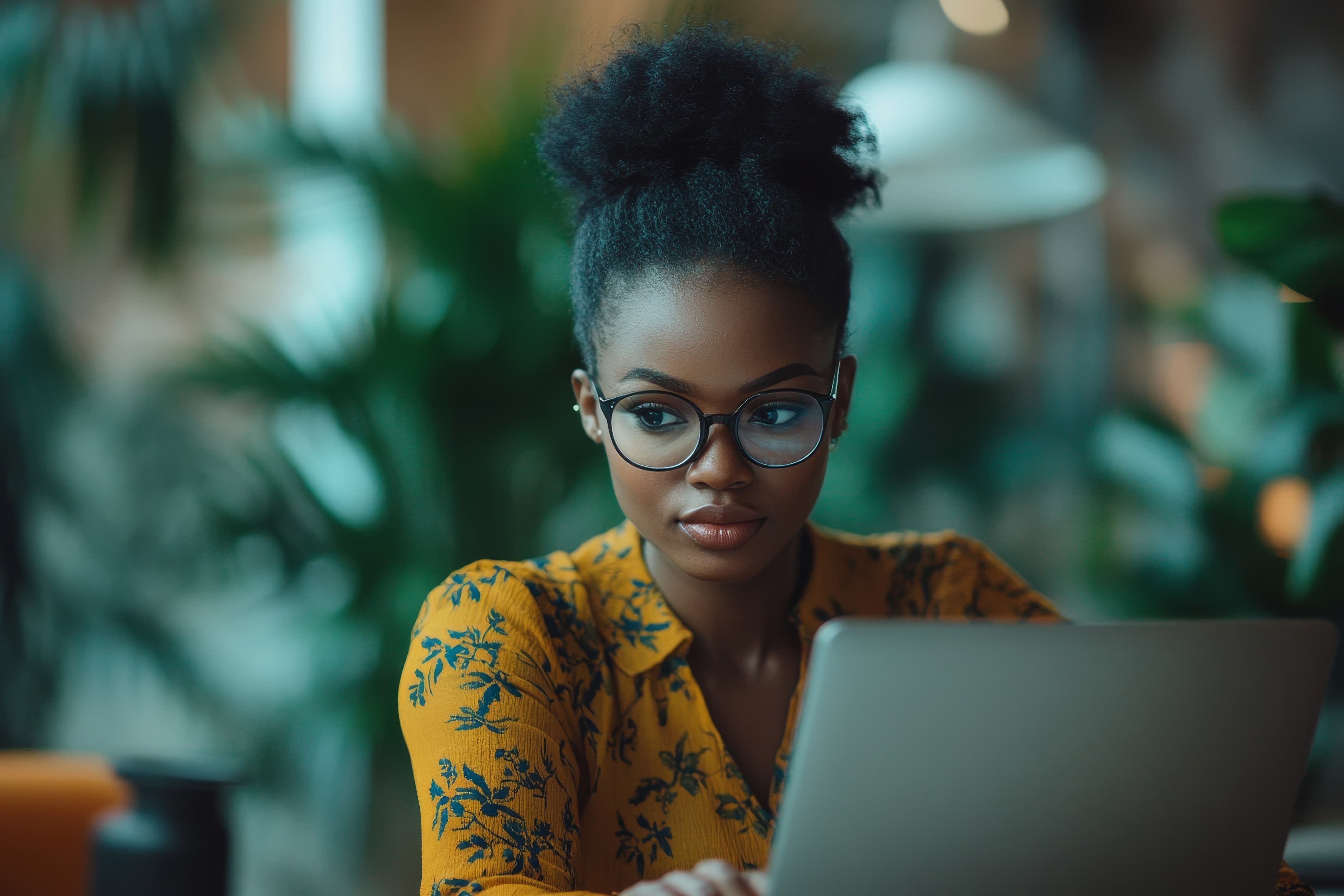 Laptop, business and black woman typing, accountant and working on web project in office workplace. Auditor, computer and African female professional bookkeeper writing email,