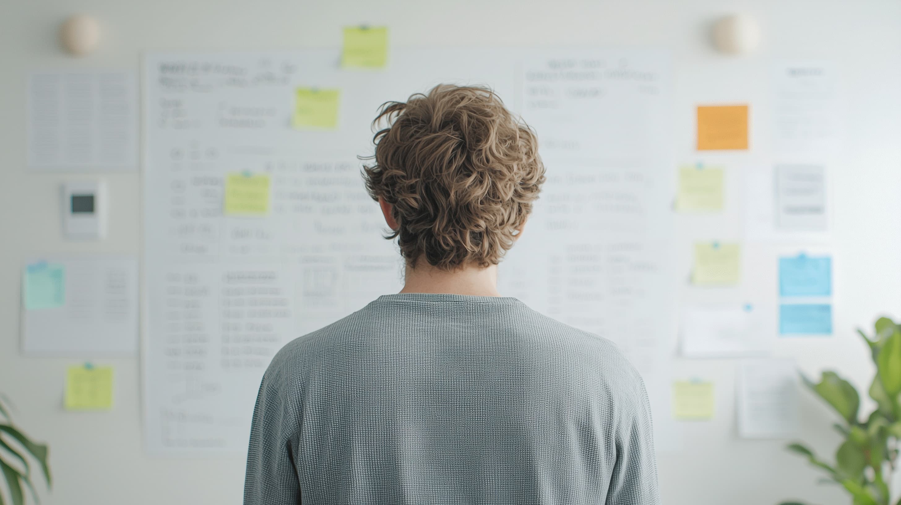Planning and Vision: A person contemplating a complex strategic roadmap, paper pinned on a wall, with sticky notes.