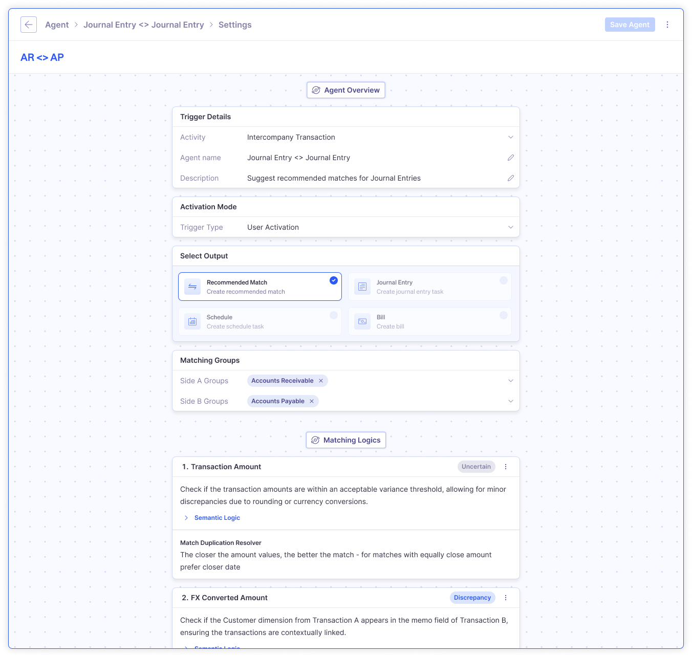 Configuring matching logic in natural language with matching groups and thresholds