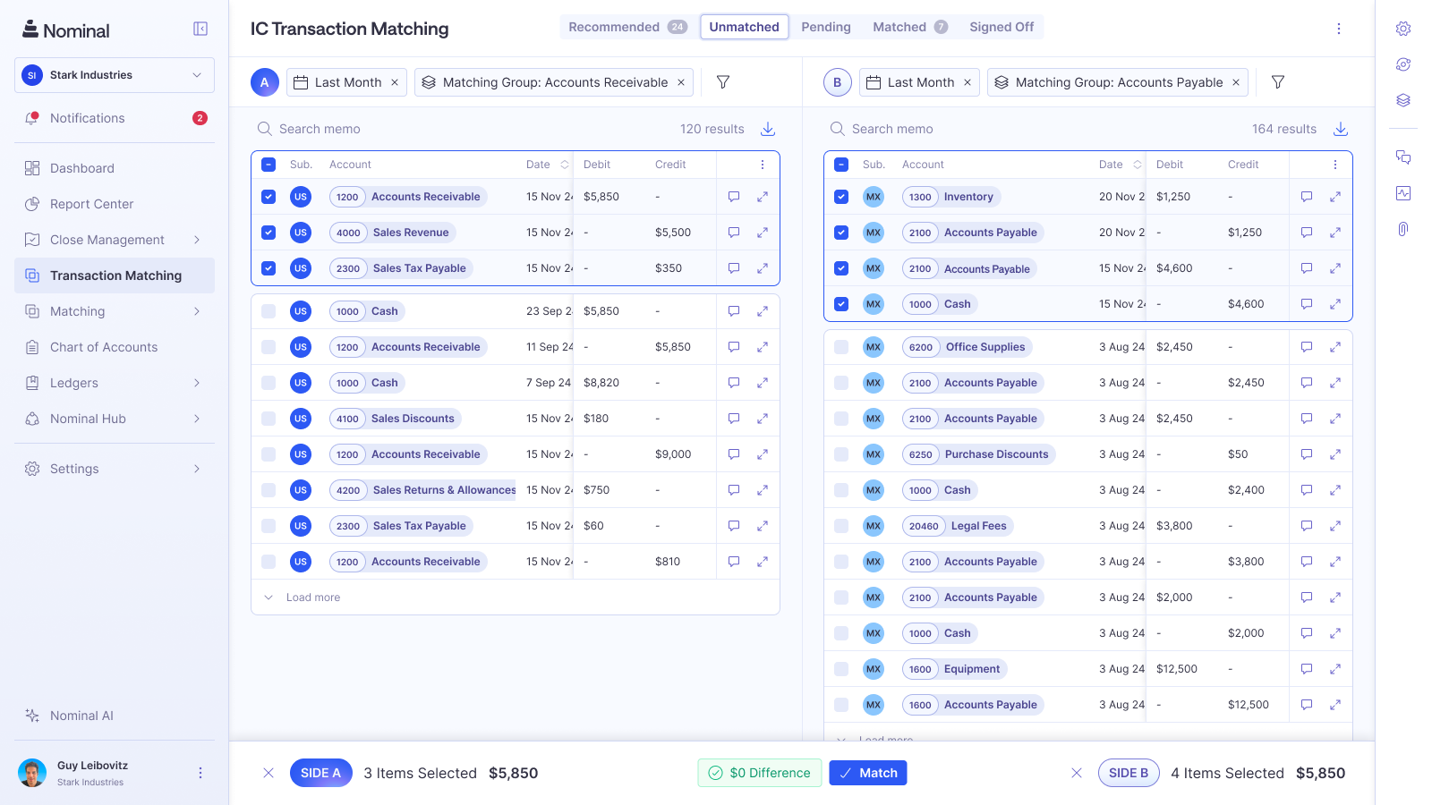 Side-by-side transaction view showing AR and AP matching with one-click resolution