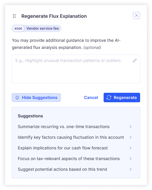 modal showing suggestions and the optional guidance field demonstrates exactly how the human oversight works—Controllers can provide context to refine AI explanations.