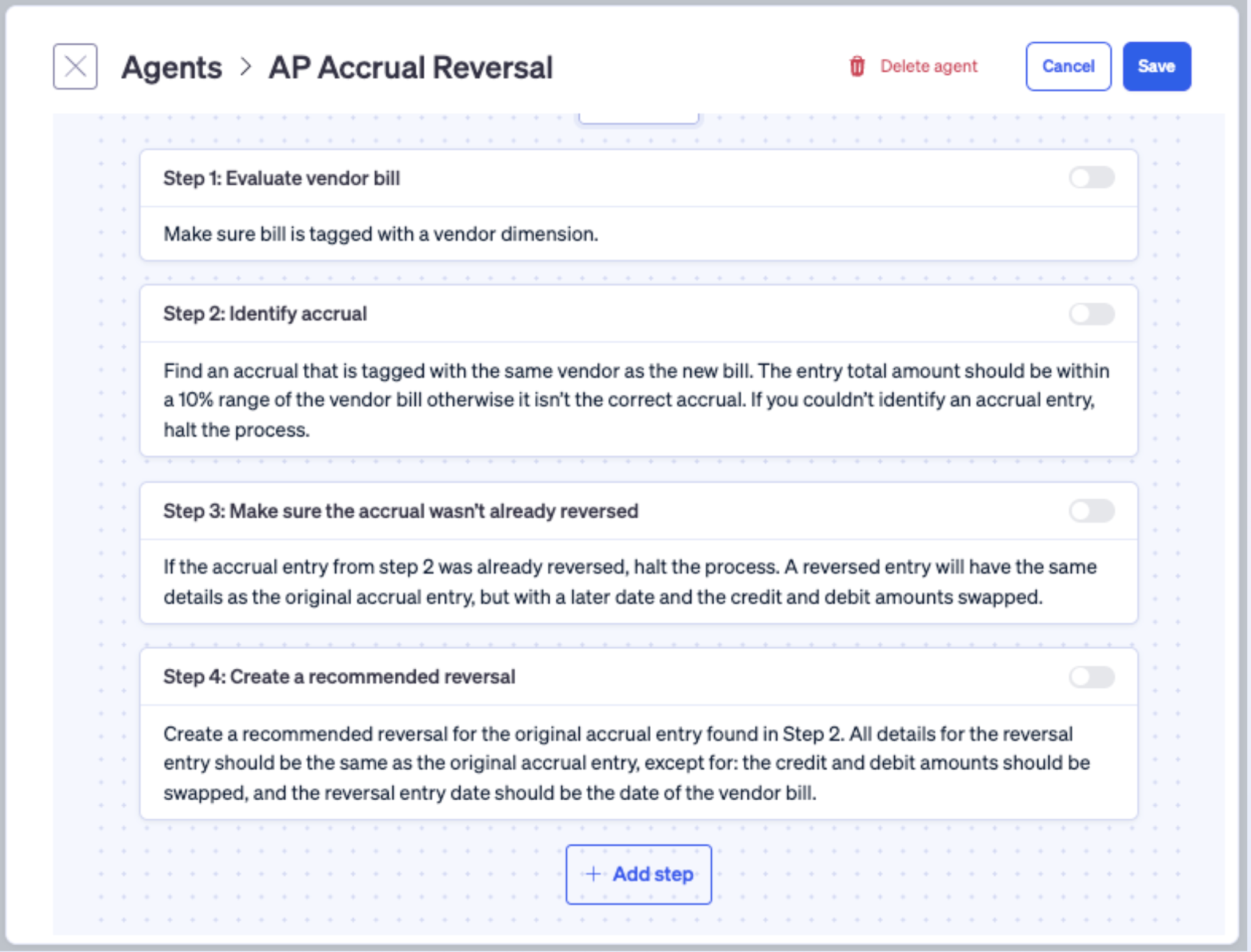 Screenshot of Nominal's Trigger Agent configuration interface showing a four-step AP Accrual Reversal agent with natural language instructions for evaluating vendor bills, identifying accruals, checking for reversals, and creating recommended entries