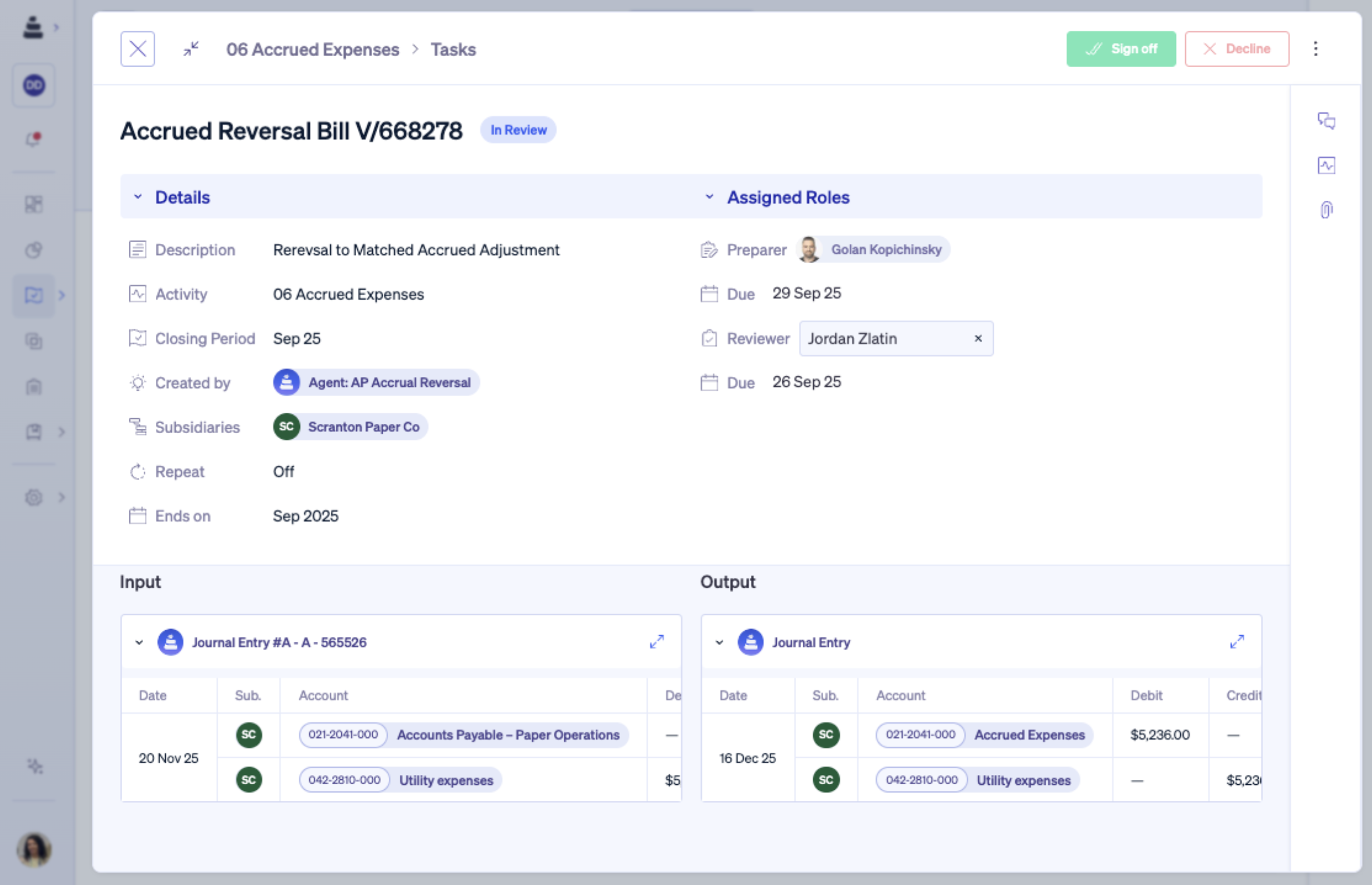 Screenshot of a Nominal task review screen showing an accrued reversal bill created by an AP Accrual Reversal agent, displaying input journal entry details on the left and recommended output journal entry on the right, with assigned roles and approval workflow
