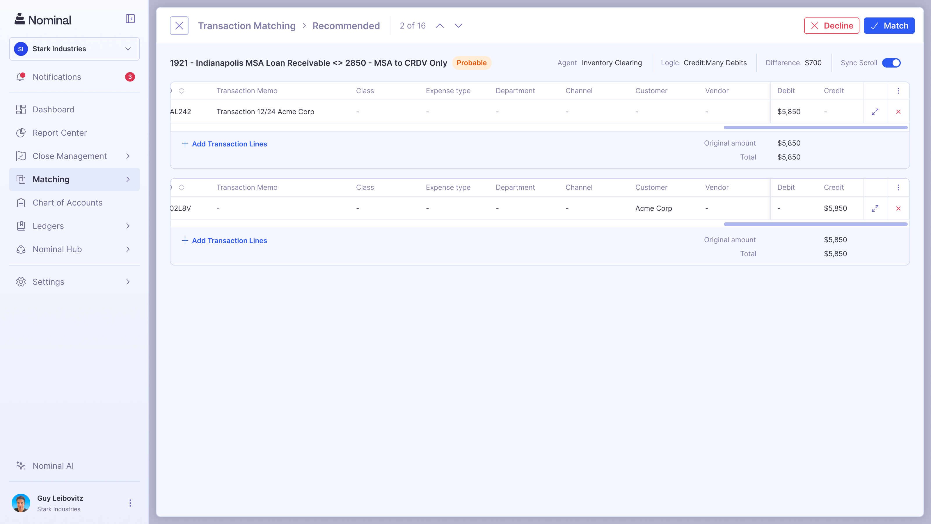 transaction matching at nomina