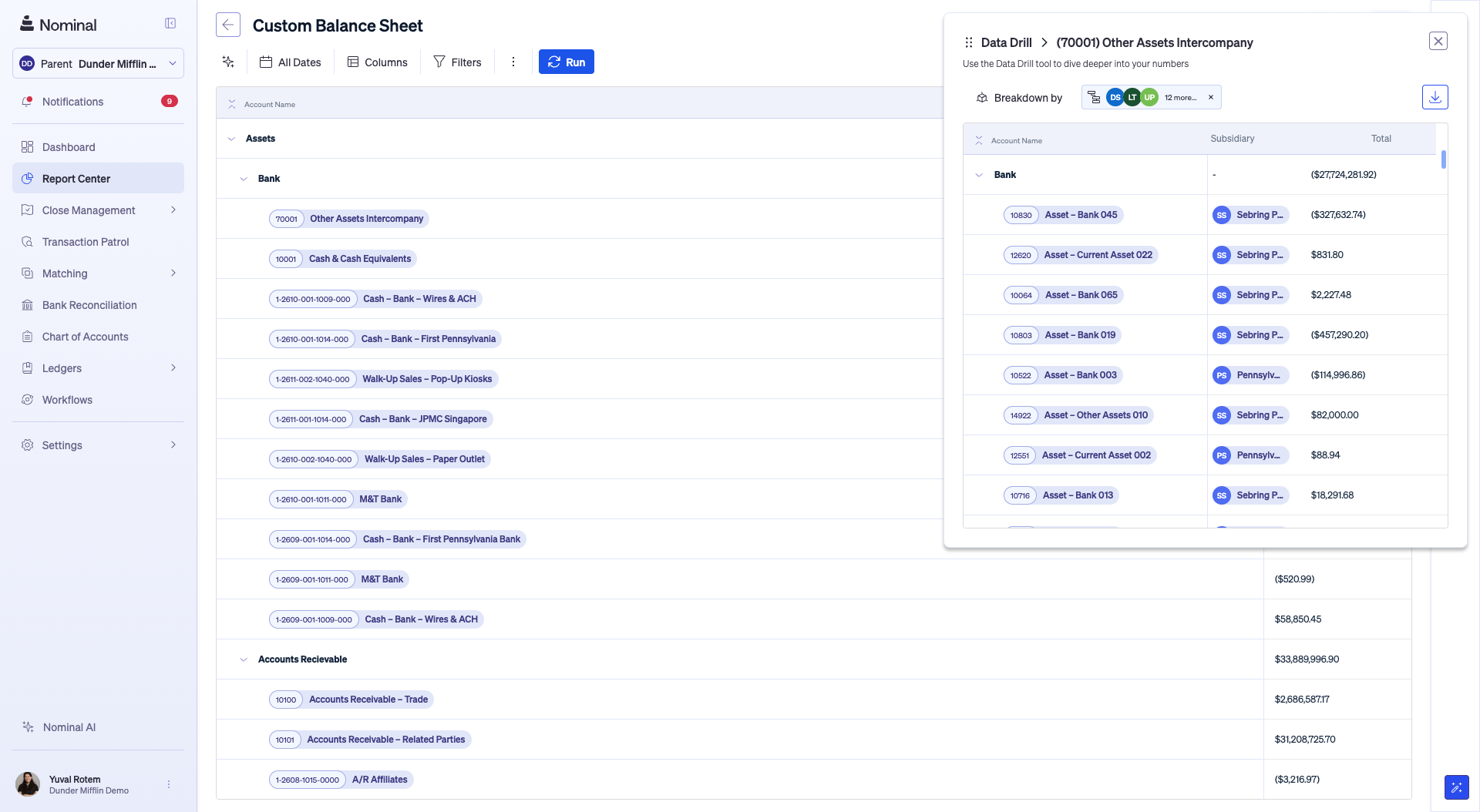 Nominal's data drill feature showing Other Assets Intercompany account broken down by subsidiary with full transaction traceability