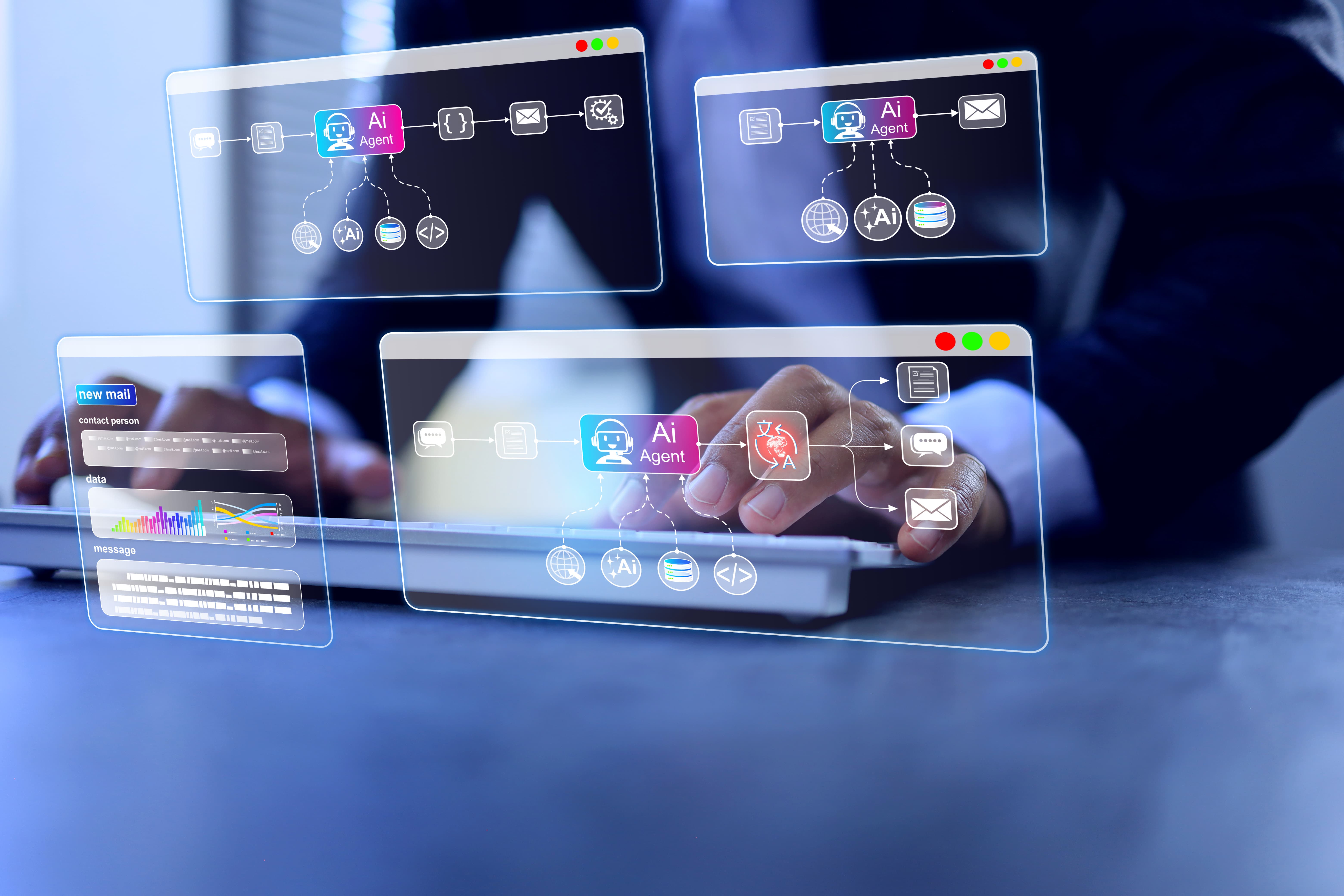 AI workflow concept with businessman using agentic artificial intelligence automation node coding flow process perform multi-step tasks across different software platforms independently