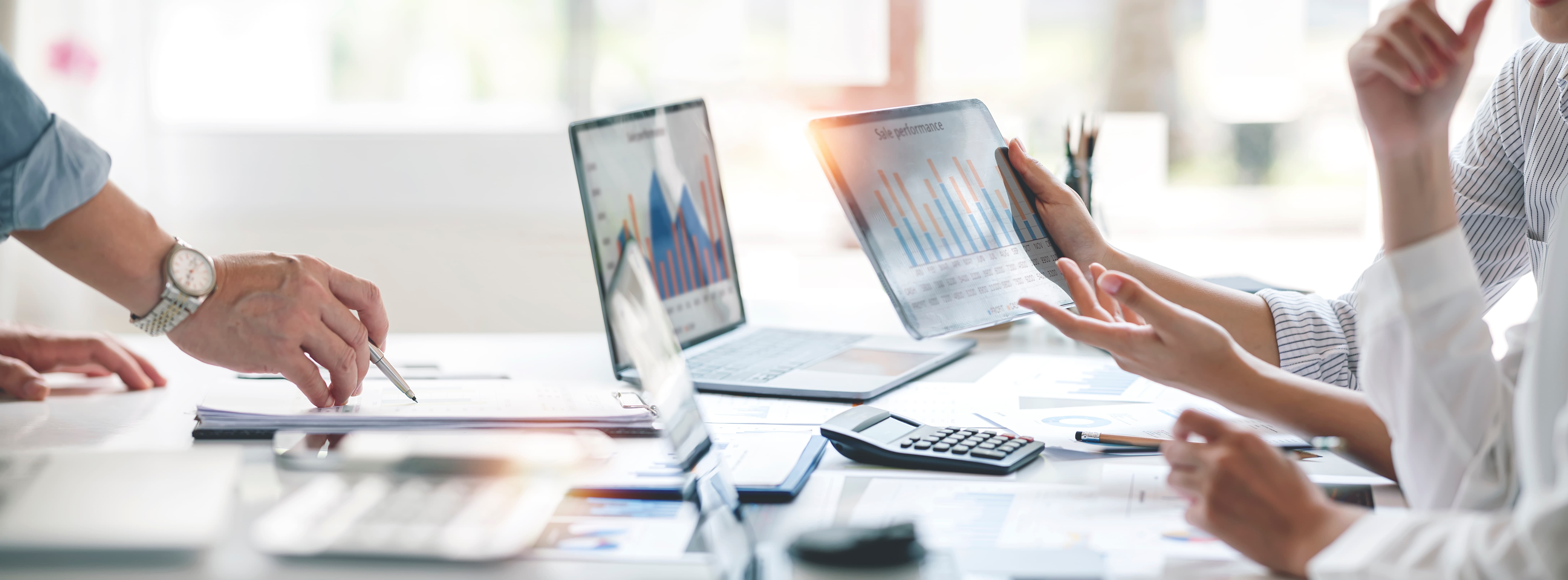 Business people advisor, business people talking, planning analyze investment and marketing on tablet in office.