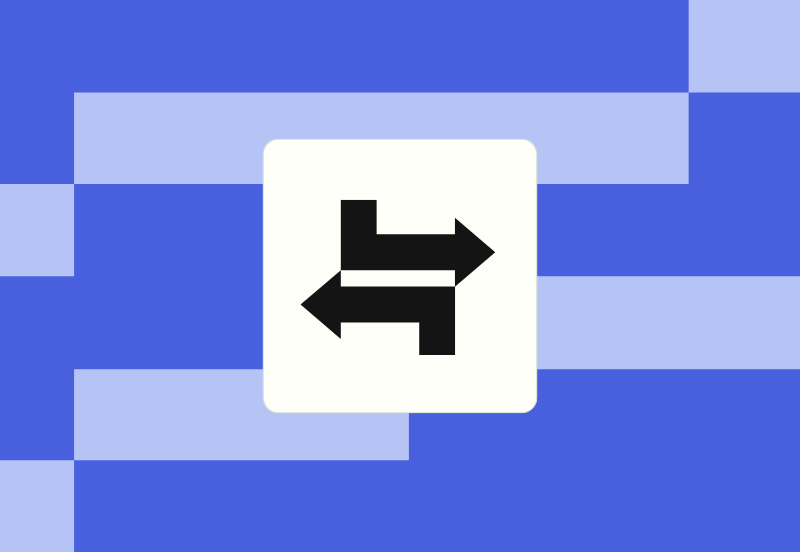 Bidirectional arrows icon in white rounded square on blue geometric background