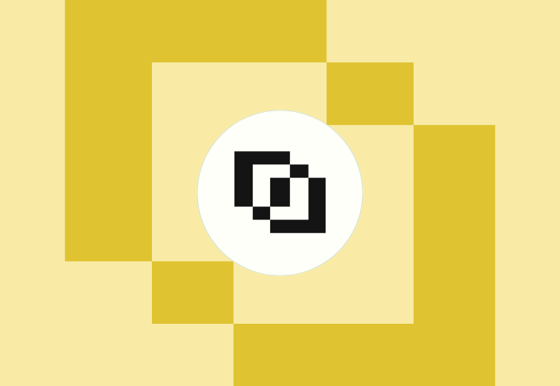Overlapping squares icon in white circle on yellow geometric background
