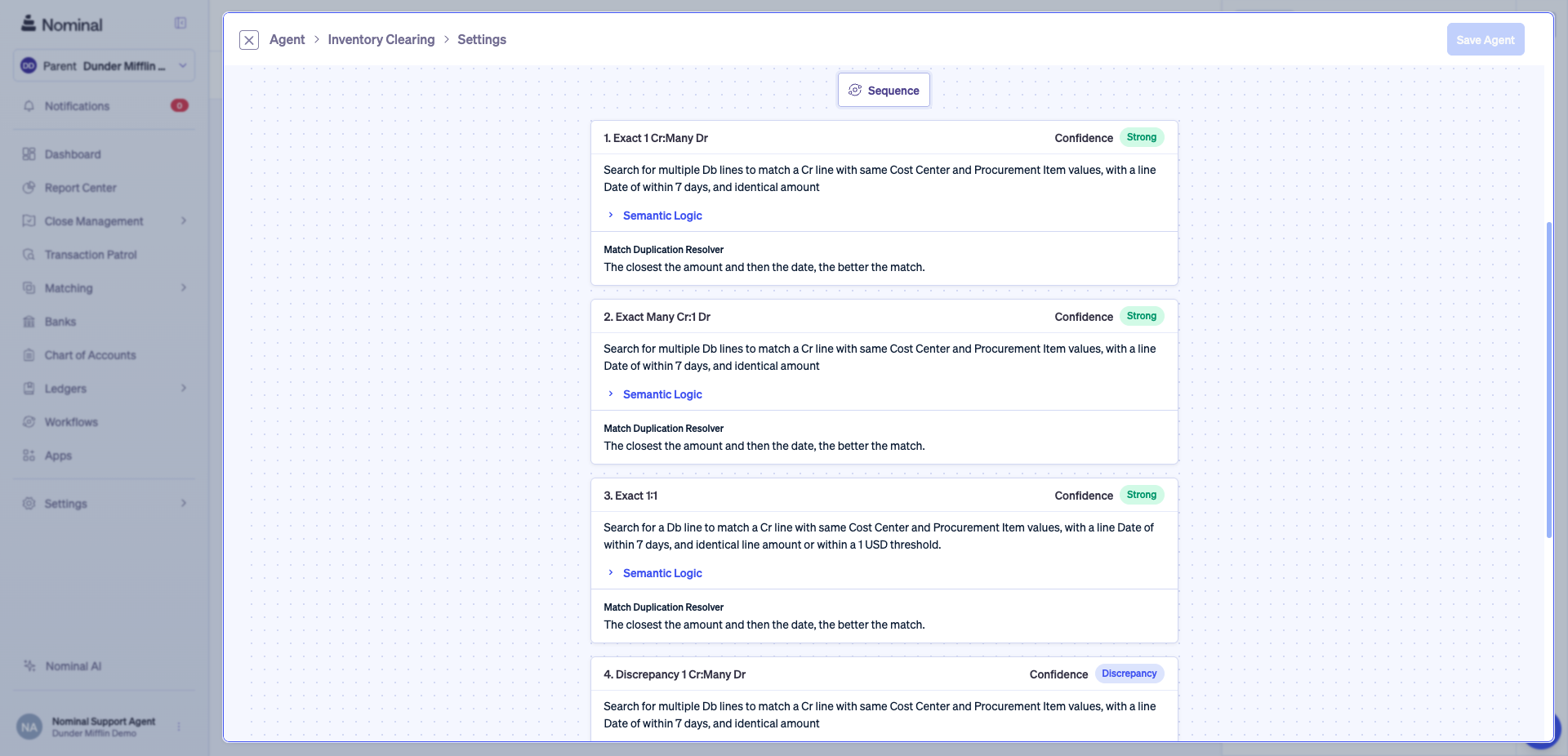 Nominal Resolution Agent sequence showing Exact and Discrepancy matching rules with confidence levels for inventory clearing