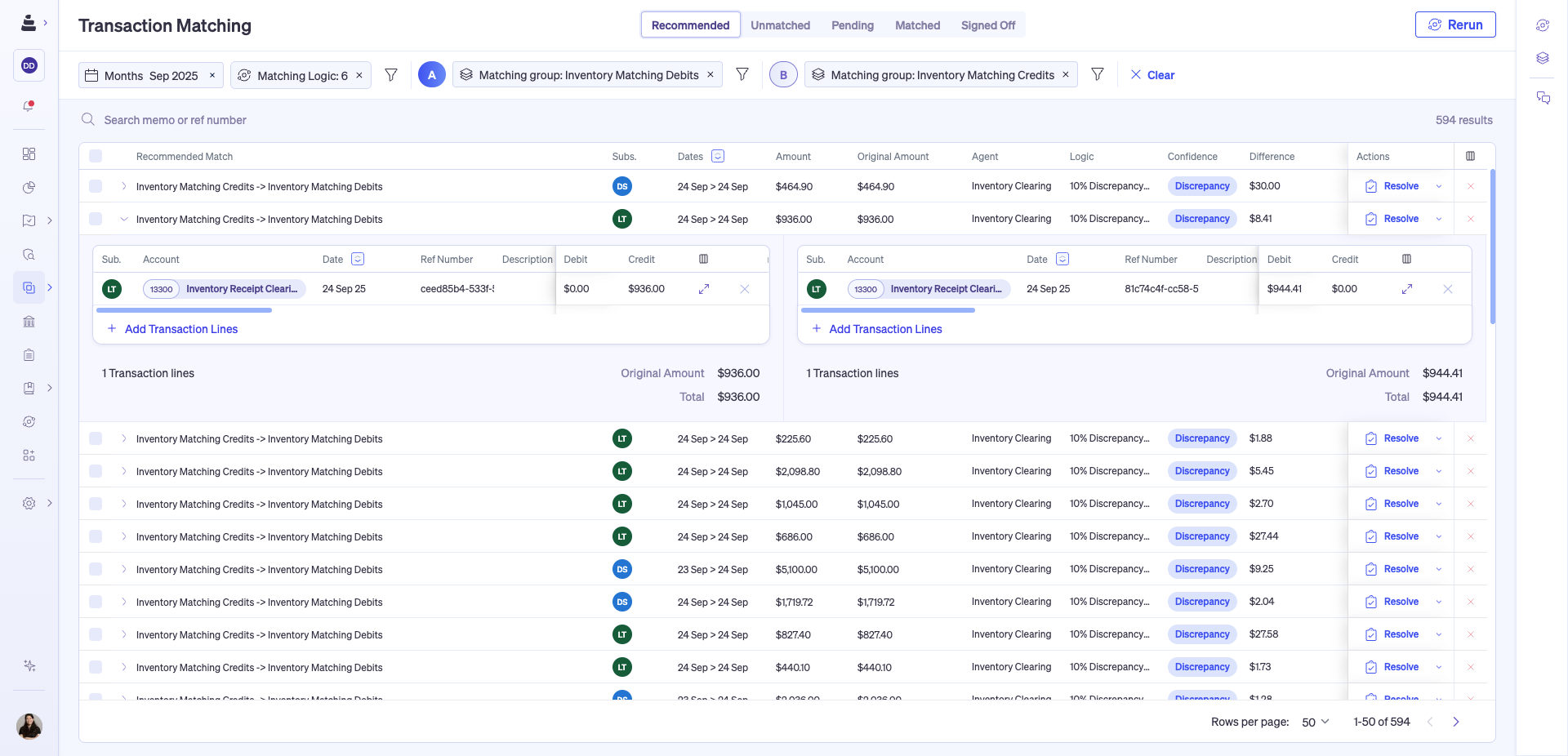 Nominal's Transaction Matching interface showing recommended matches with confidence levels, discrepancy flags, and side-by-side transaction line detail for exception review