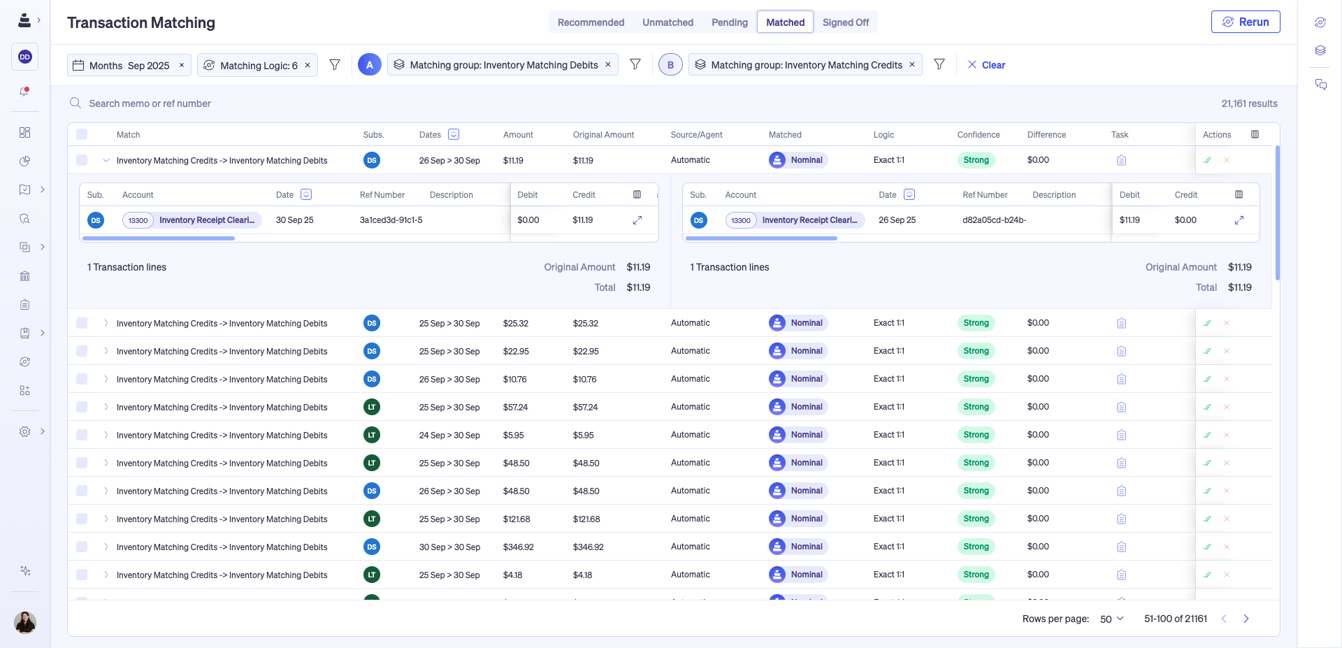 Nominal's Transaction Matching interface on the Matched tab showing automatically resolved matches with Strong confidence, Exact 1:1 logic, and zero discrepancy across inventory clearing transactions