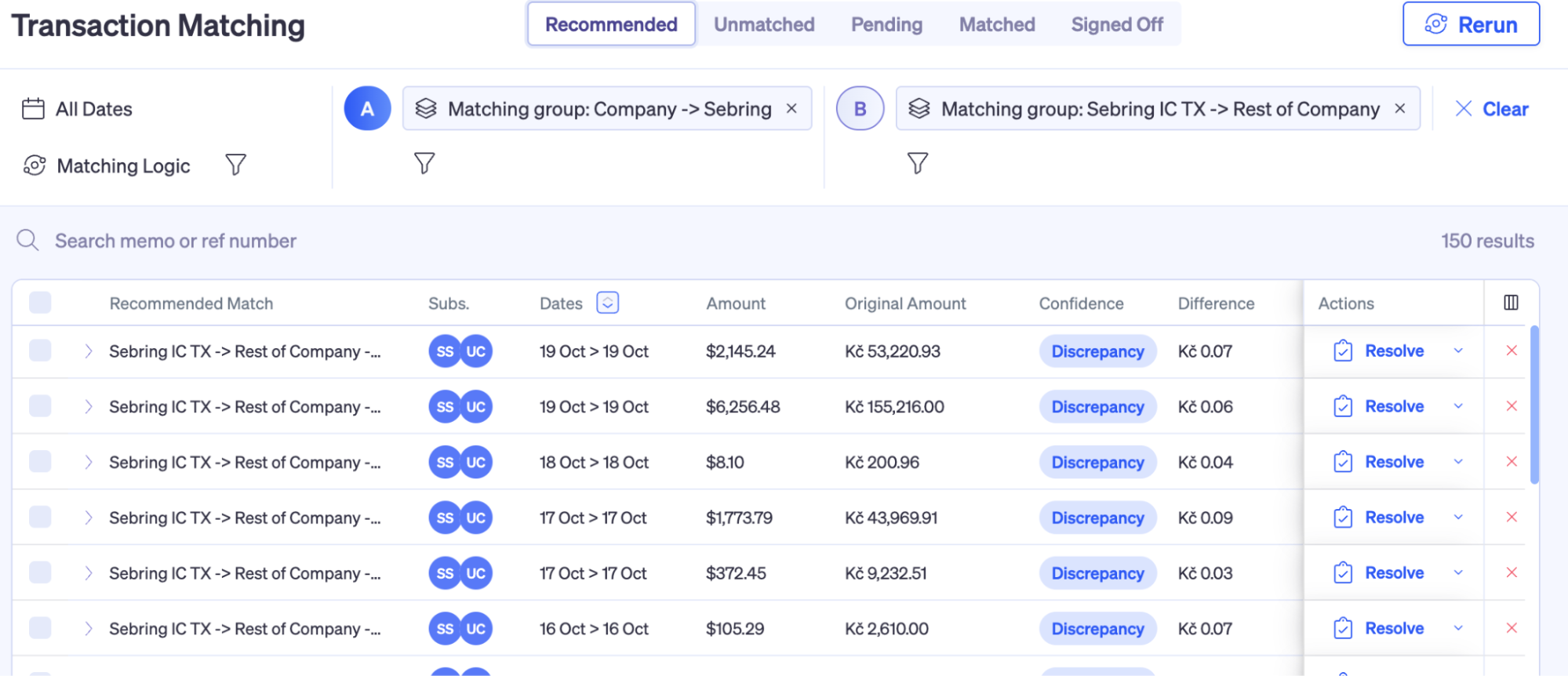 Nominal's transaction matching interface showing intercompany transactions between entities in different currencies, with discrepancy flagging, confidence scoring, and one-click resolve actions.