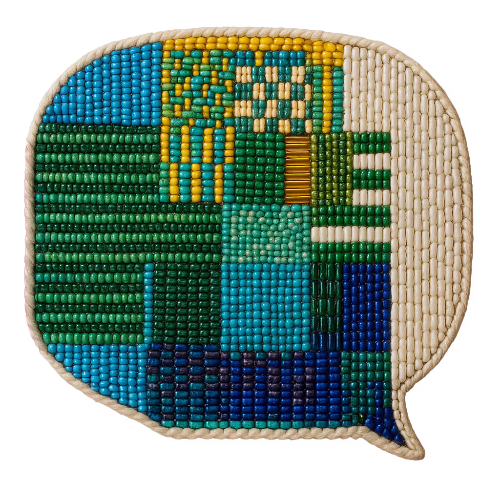Colorful bead and fabric patch in the shape of a speech bubble