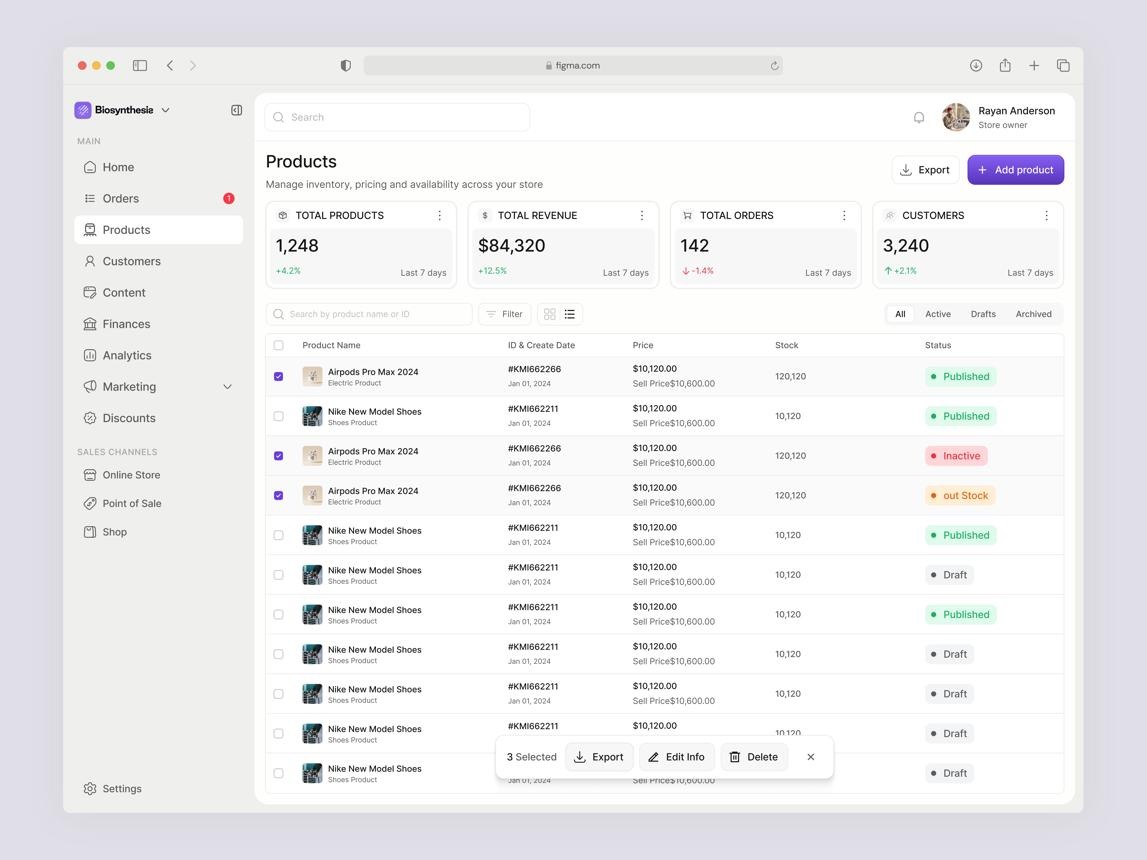Biosynthesie — eCommerce Product Management Dashboard UI Design by Azizul Islam on Dribbble