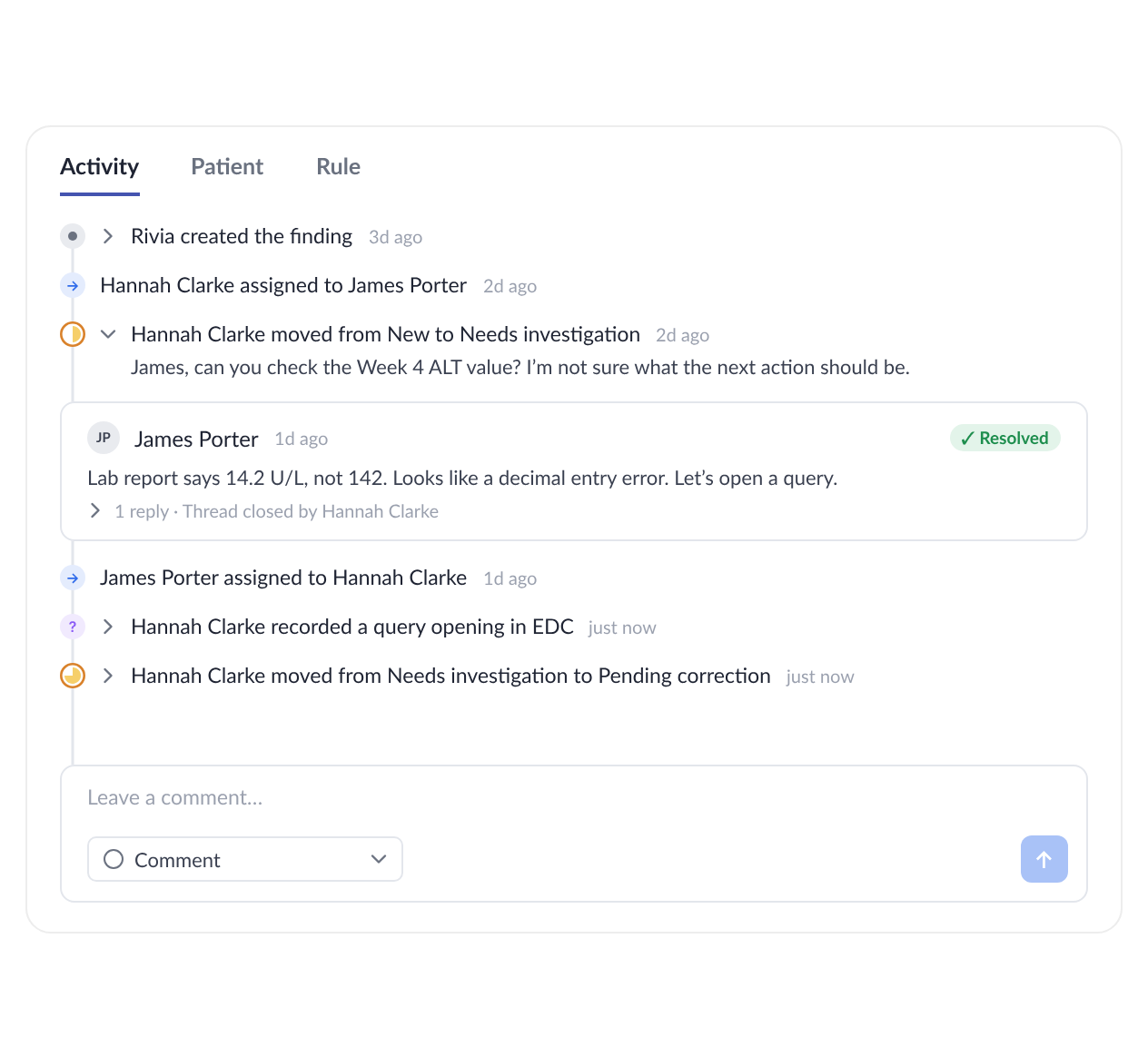 Finding ownership per reviewer and a signed resolution record