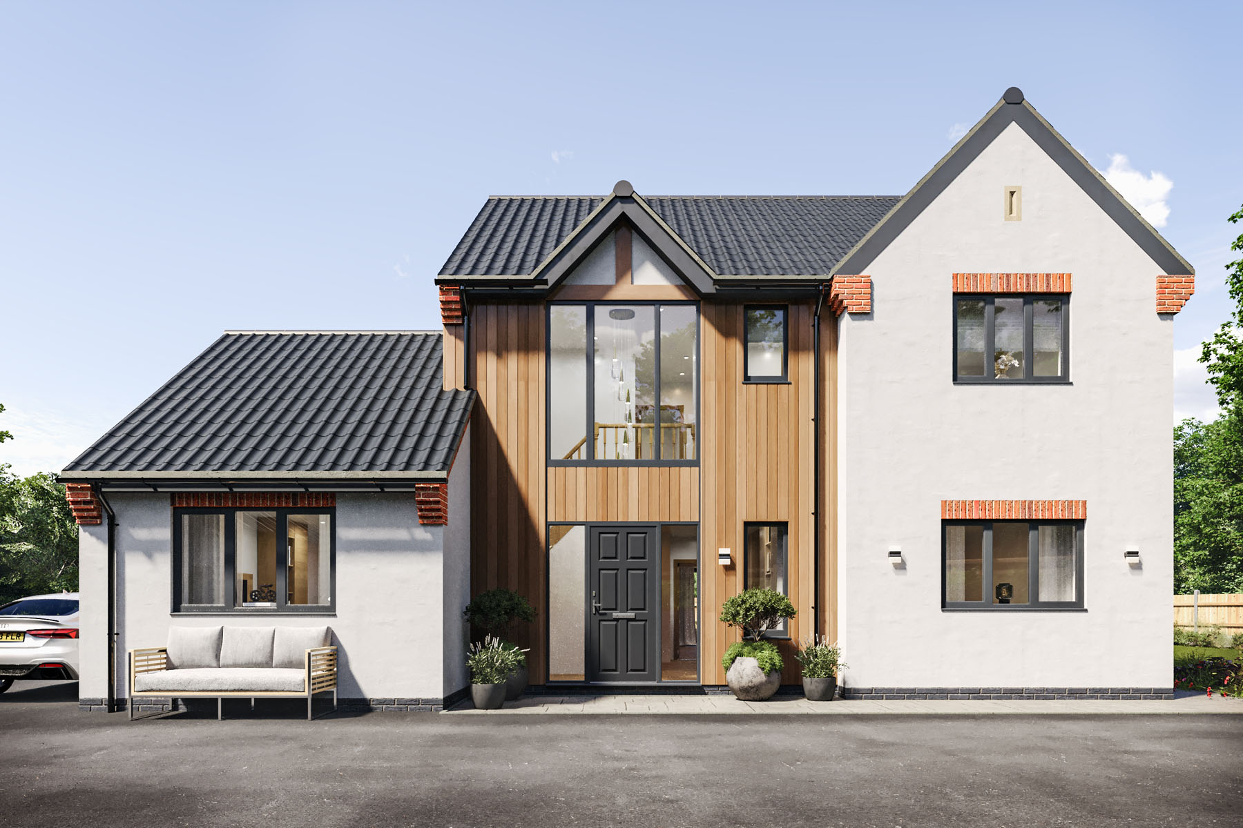 Photorealistic CGI of a two-storey house combining modern and traditional design elements, with a prominent wooden and glass façade flanked by white plastered walls and red brick accents.