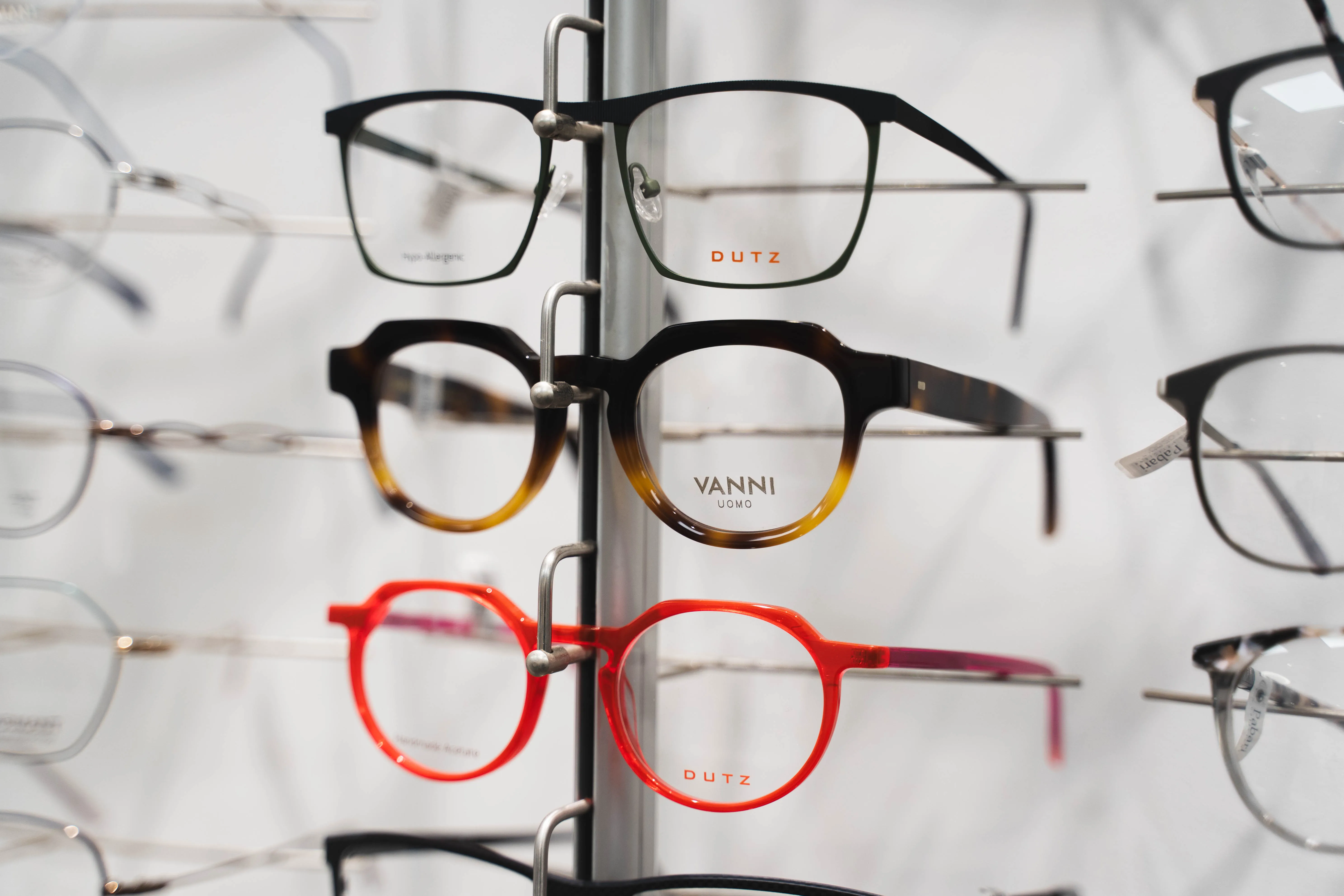 Close up of designer glasses stocked at our Birmingham opticians