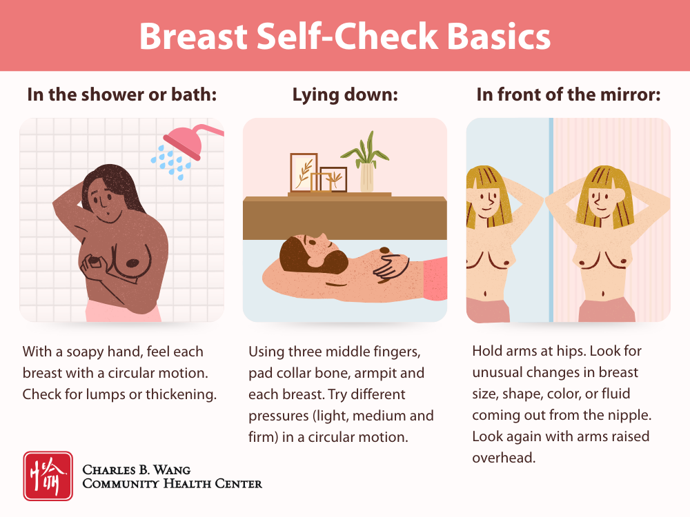 Follow these steps to become more familiar with your breasts usual size, shape, and color. You can  perform a monthly breast self-check in the shower or bath, while lying down, and in front of the mirror.