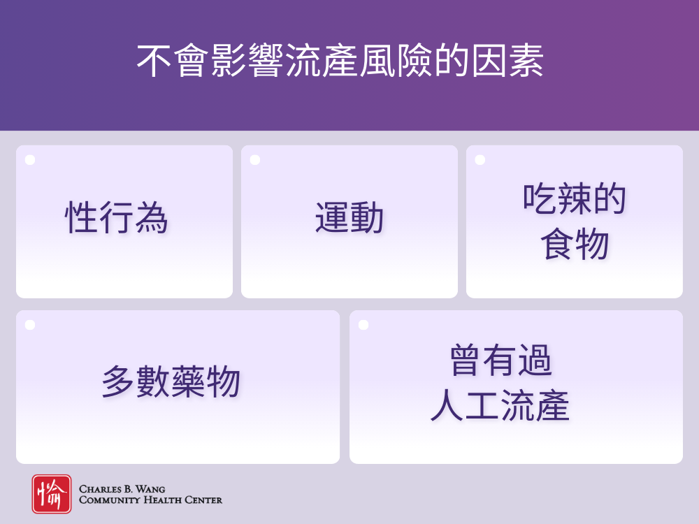 A list of factors that do not impact the likelihood of pregnancy loss: sex, exercise, spicy foods, most medications, or past abortions.