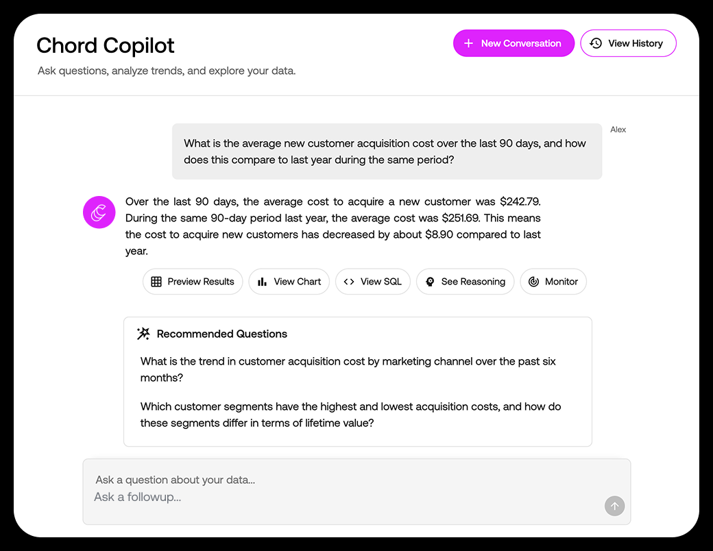 Chord Copilot screen showing questions and answers.