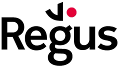 Logotipo da Regus com ponto vermelho sobre a letra 'J'.