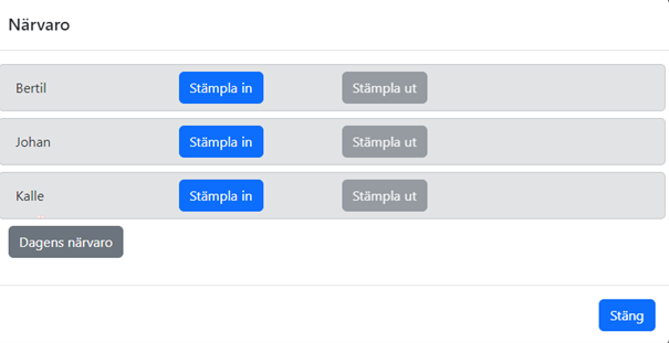 Nu öppnas detta fönster där personalen kan stämpla in och ut.