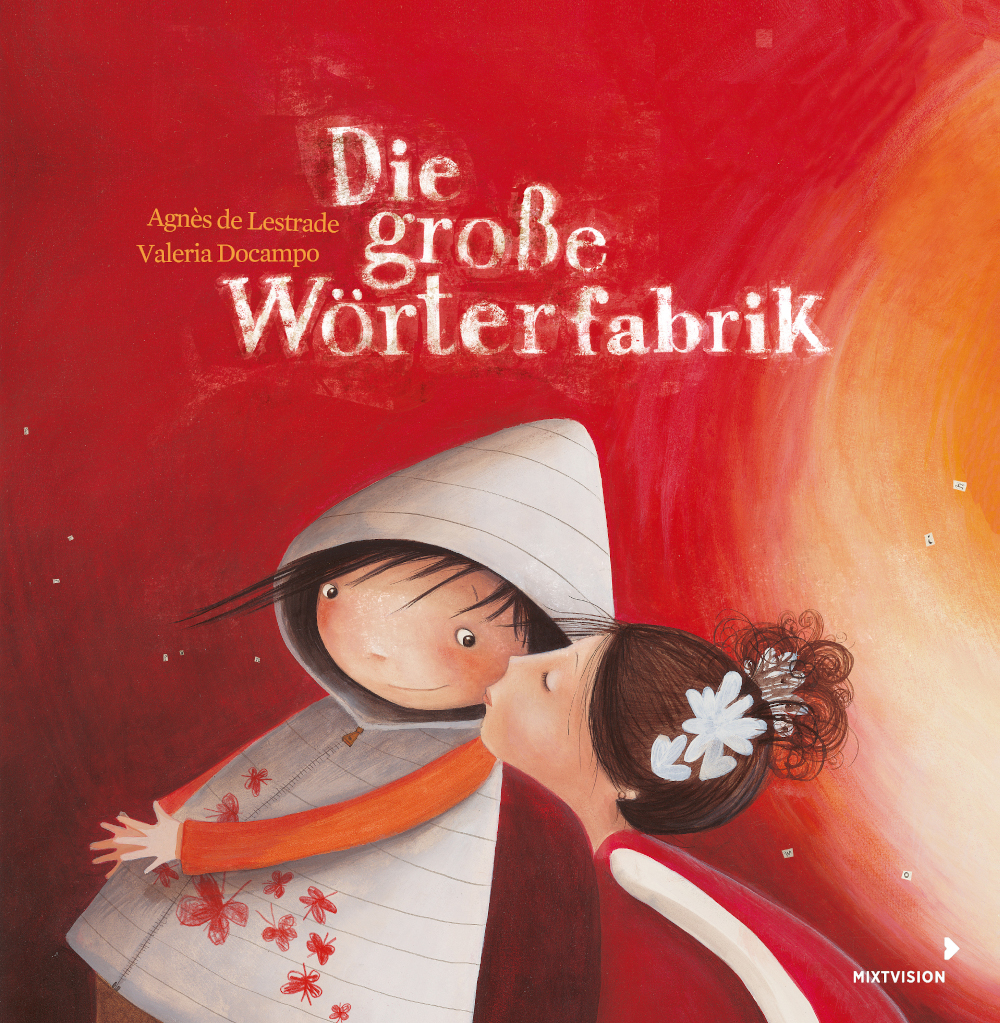 Buchcover "Die große Wörterfabrik". Ein Mädchen küsst einen jungen auf die Wange. 