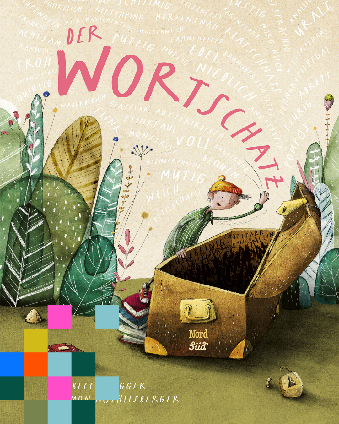 Buchcover des Bilderbuchs "Der Wortschatz". Eine große Kiste, die von einem Kind geöffnet wird und das Wort "Wortschatz" neben vielen anderen aus der Kiste aufsteigt.