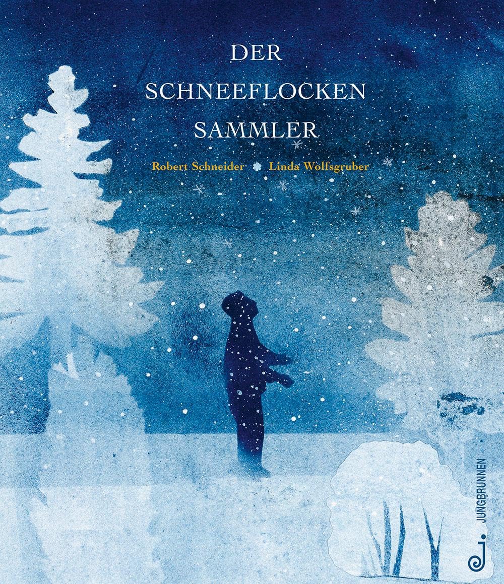 Cover des Bilderbuchs "Der Schneeflocken Sammler". In eisblau gehalten sind die Konturen eines Mannes und von Bäumen zu erkennen. Dazu sehr viele Schneeflocken.