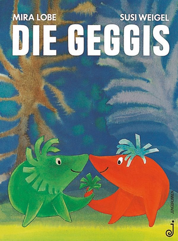 Cover des Bilderbuchs "Die Geggis". Links ein grüner Sumpfgeggi, rechts ein roter Felsengegggi.