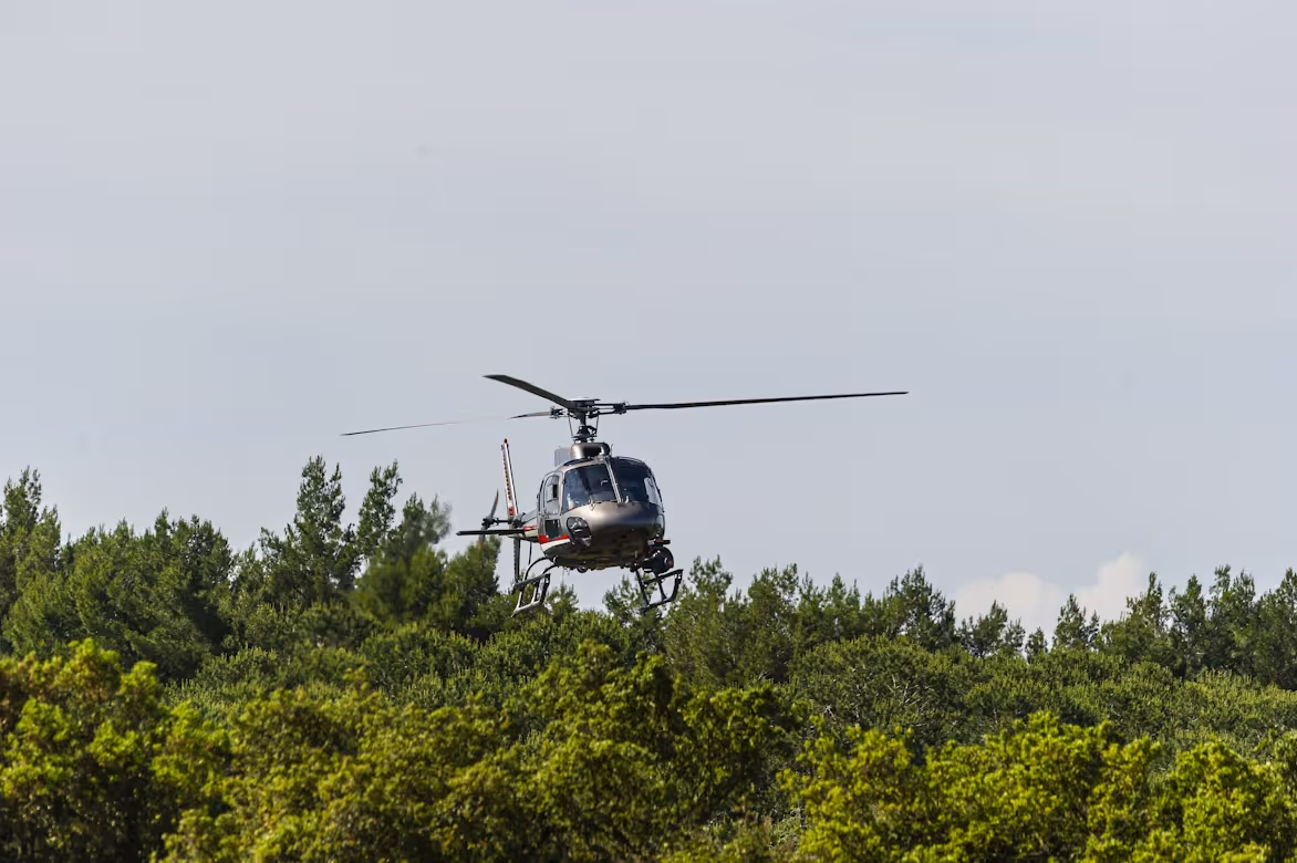 red and gray helicopter flying low over a green forest on a gray sky day