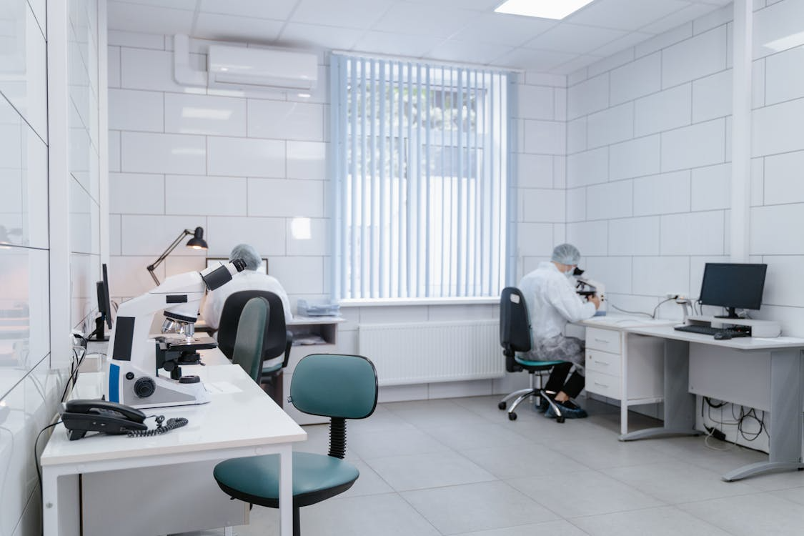 scientists analyzing samples under a microscope in an office