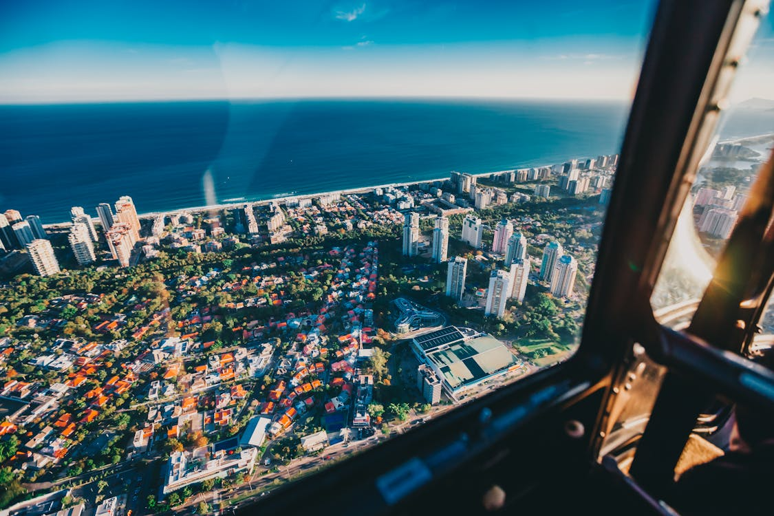 aerial view of Rio de Janeiro from a large helicopter window