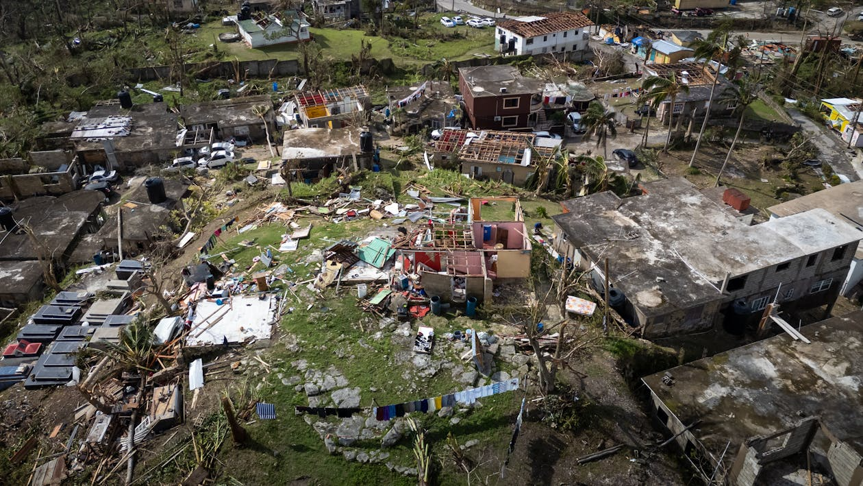 aerial view of hurricane destruction in an urban neighborhood