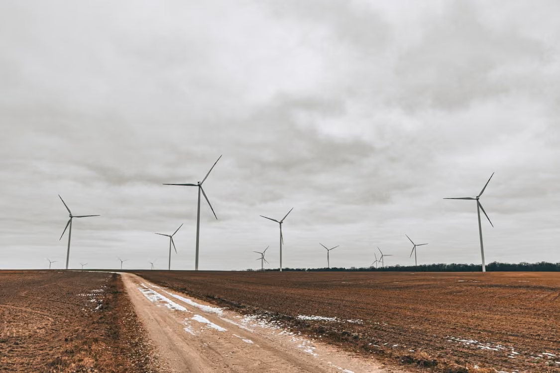 expansive wind farm with towering wind turbines under an overcast sky
