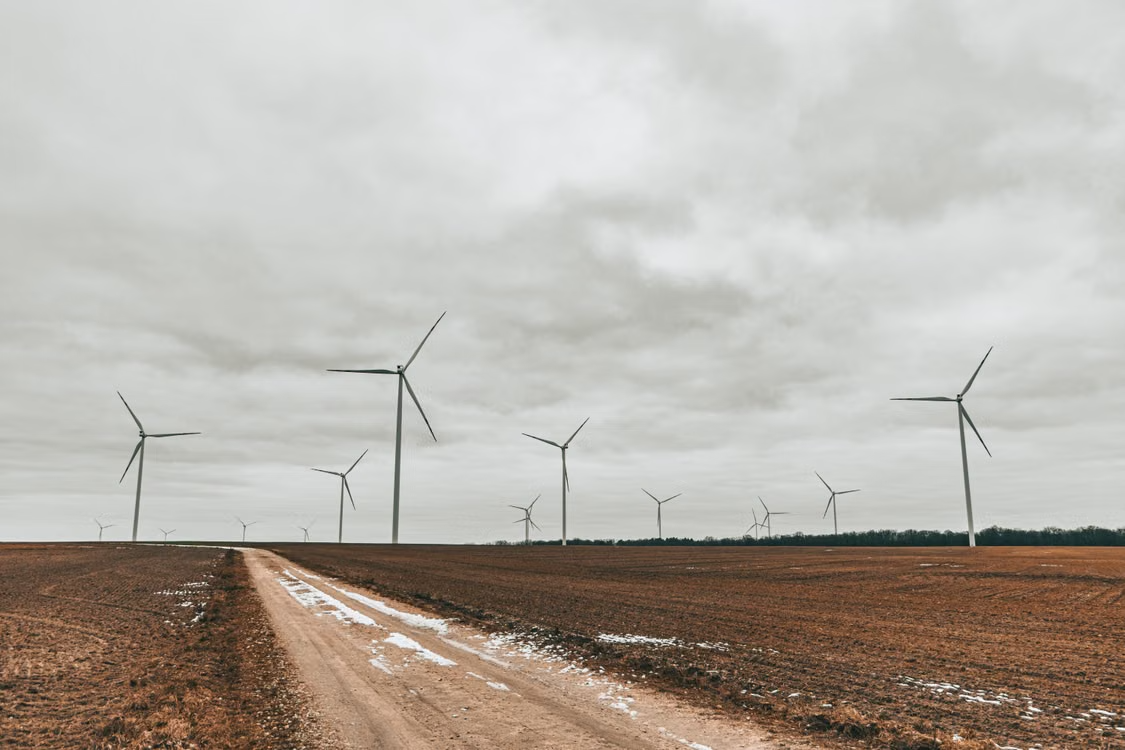 expansive wind farm with towering wind turbines under an overcast sky