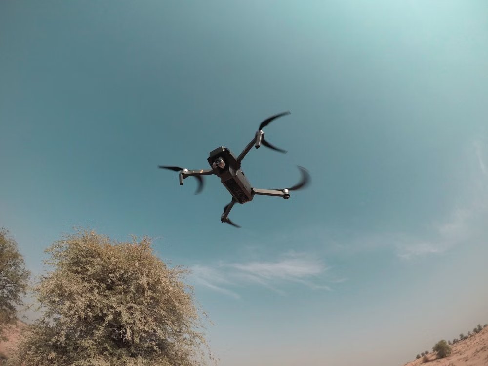 drone flying over desert landscape in Dubai with trees and blue skies