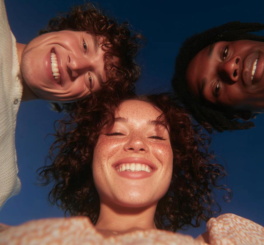 Three smiling people looking down at camera against blue sky