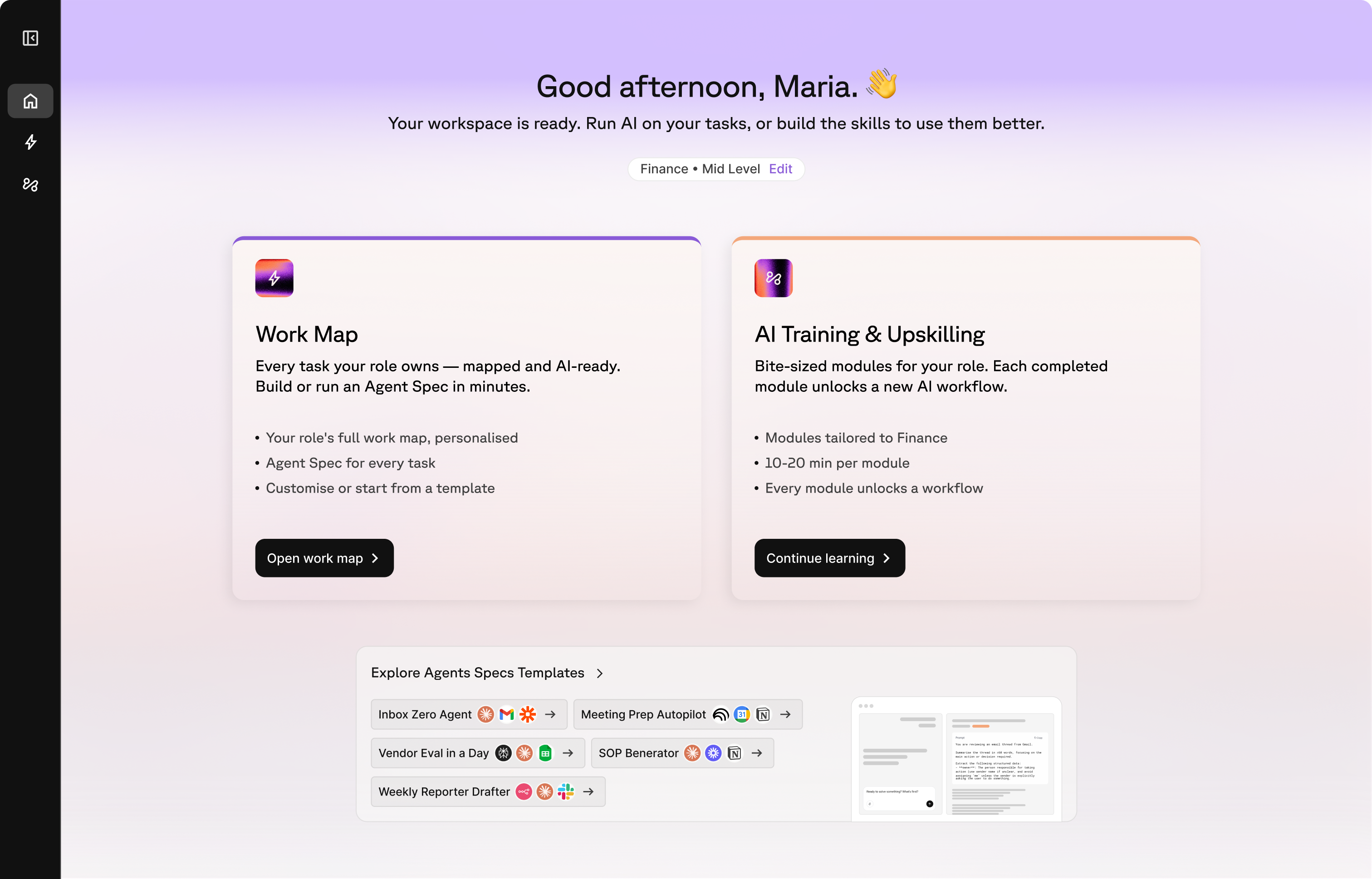 Dashboard greeting user interface