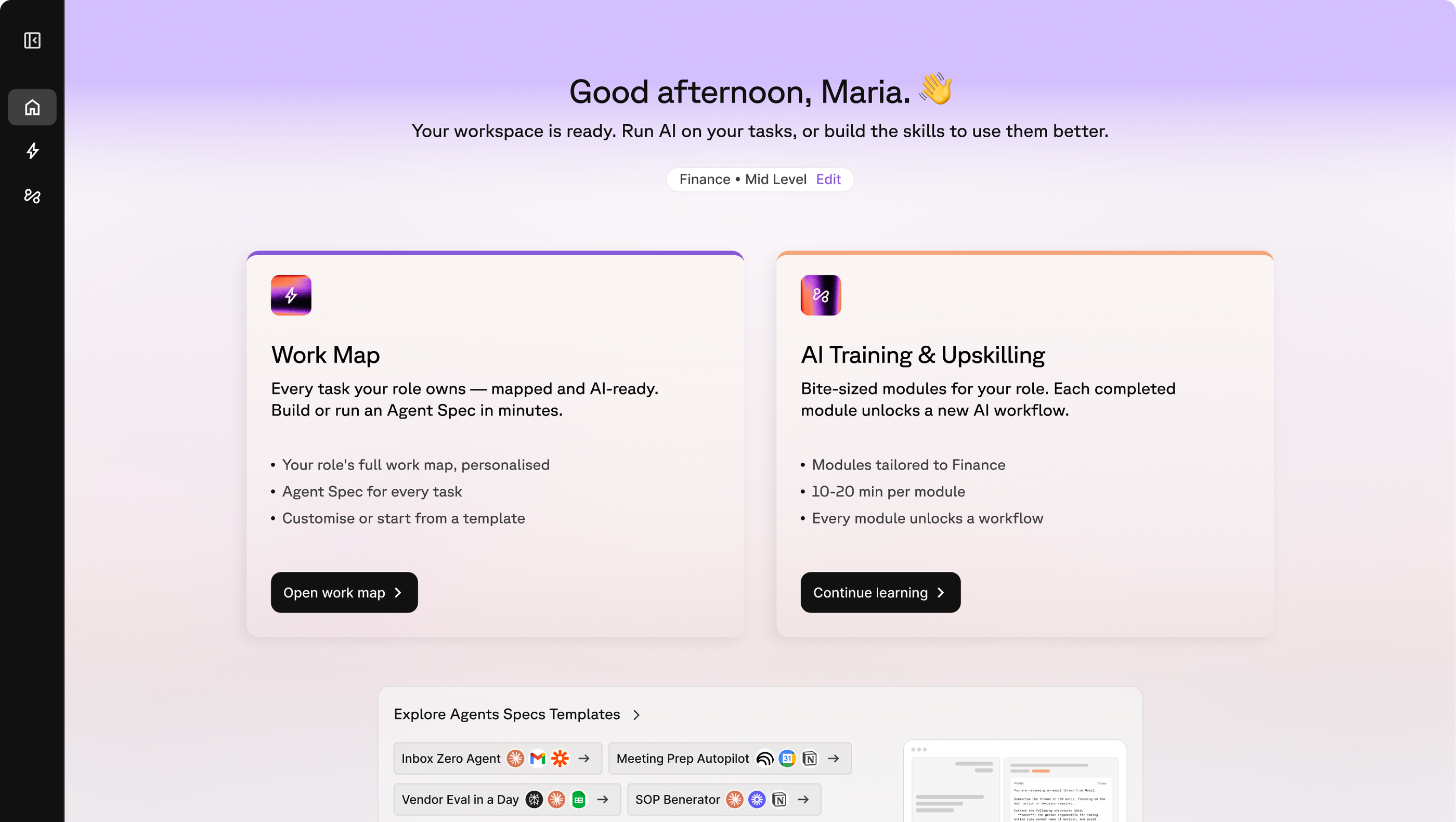 Dashboard greeting user interface