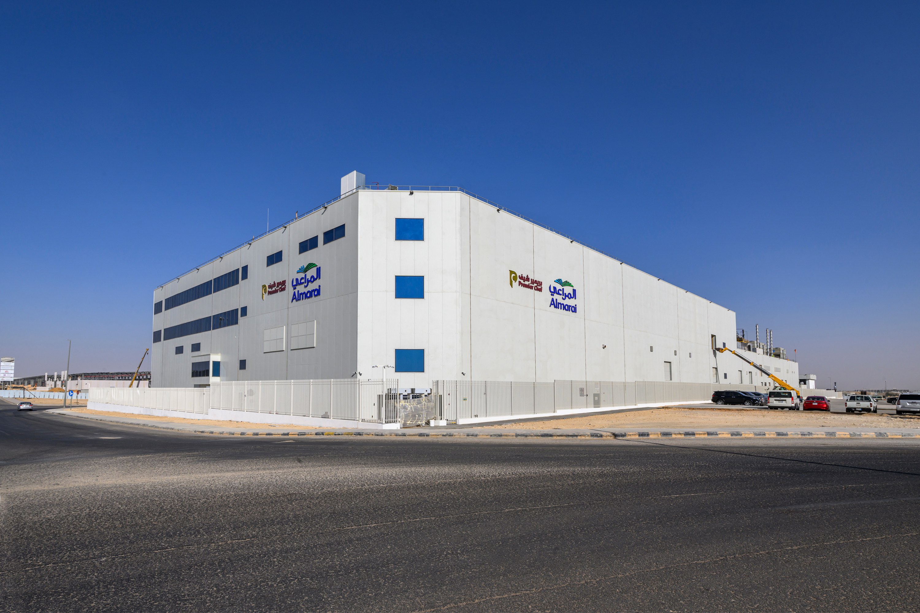 Site infrastructure and external works — Premier Food Factory II, Riyadh–Al Kharj Road, Saudi Arabia. Delivered by OCC Weavers.