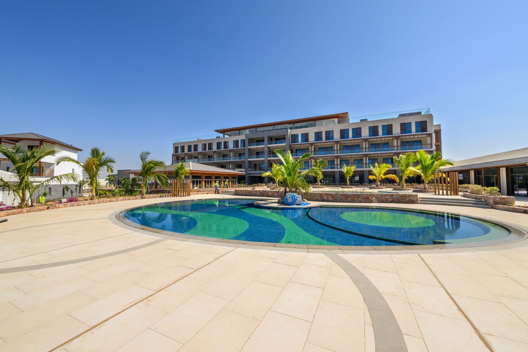 Completed resort complex with outdoor areas — Silver Sands Beach Resort, Obhur, Saudi Arabia. Delivered by OCC Weavers.