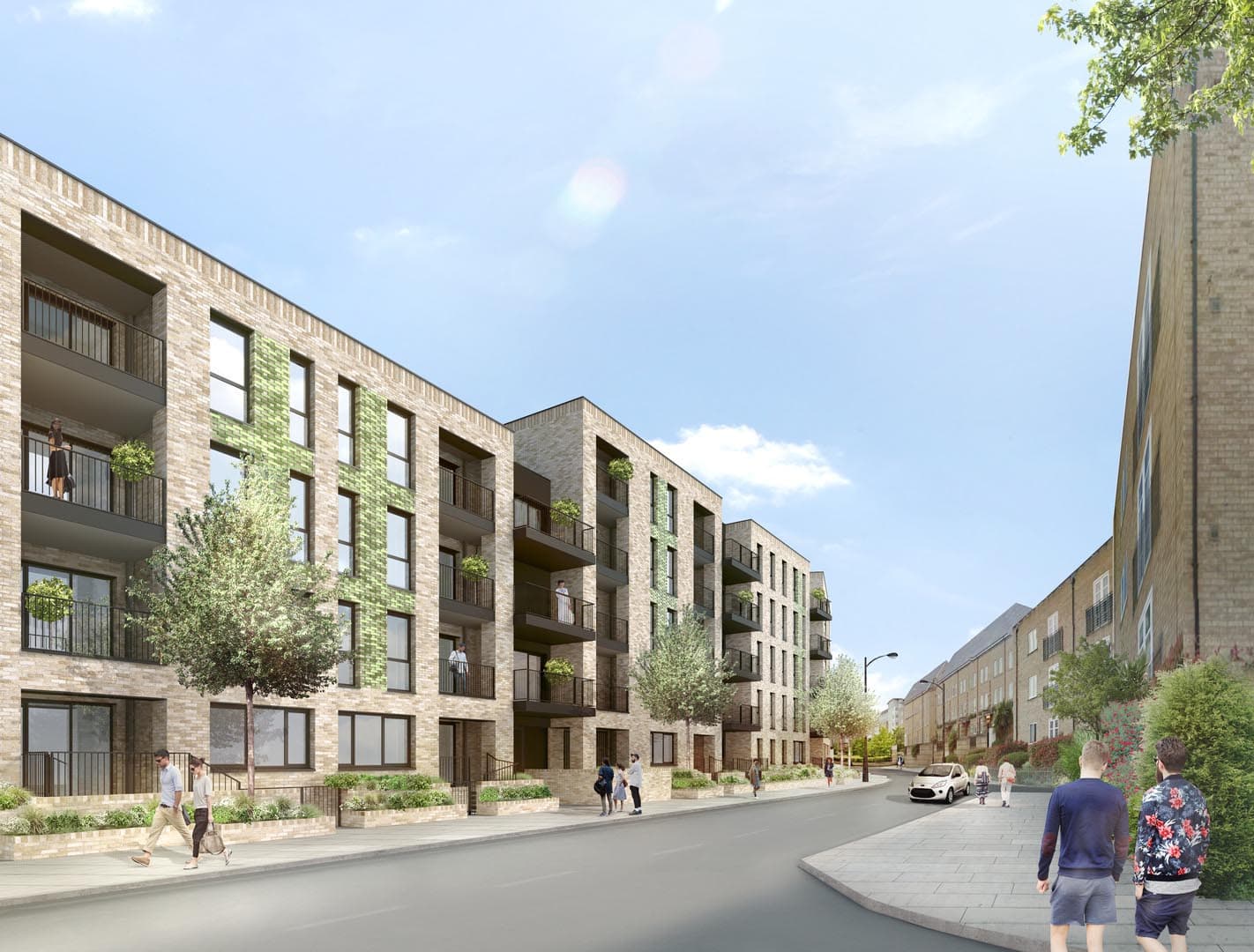 Exterior of Island Point residential development — 173 luxury housing units, London. Delivered by OCC Weavers.