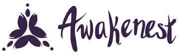 Awakenest brand name in purple script next to a symmetrical leaf and dot logo.