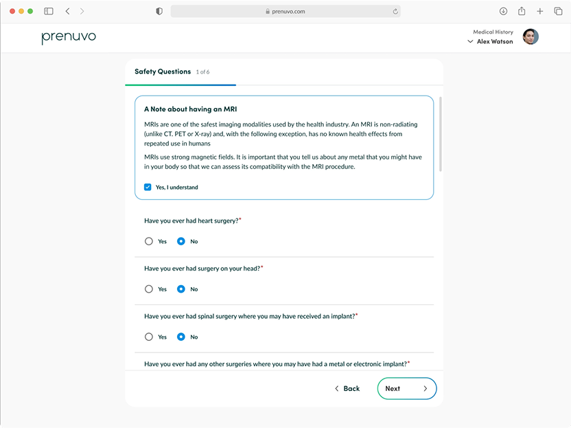 Prenuvo's online safety questionnaire, asking about past surgery and implants